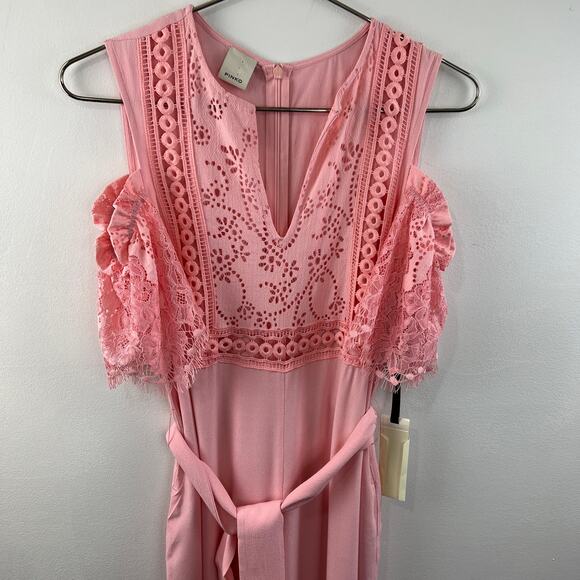 NWT Pinko Pink Short Lace Sleeve Cold Shoulder V-Neck Tie Waist Jumpsuit Sz 8 - Picture 2 of 8